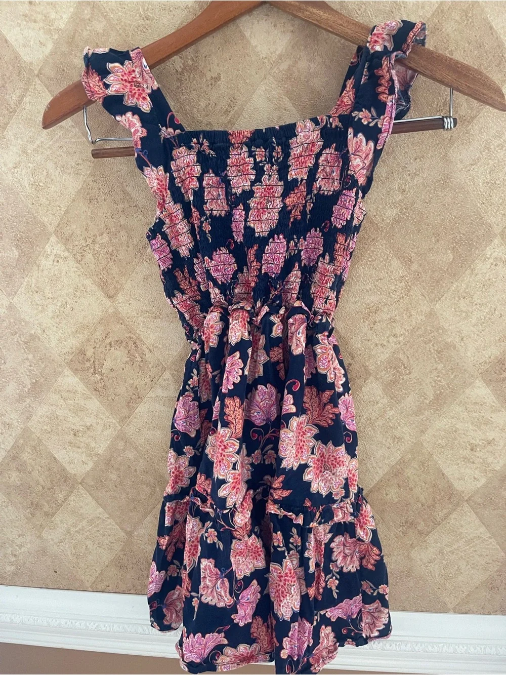 Old Navy Girls Floral Smocked Sundress Size Large 10-12 Navy Pink Tiered Dress